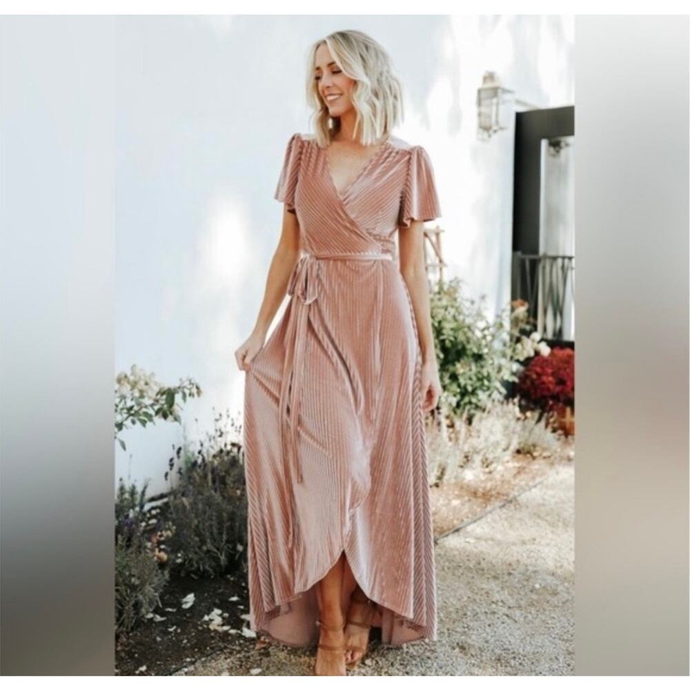 Baltic Born Andi Velvet Ribbed Wrap Maxi Dress Size Medium Light Pink Champagne